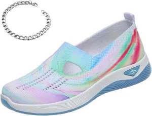 Orthowalkway Womens Shoes Comfort Wear Orthopedic Walking Shoes for Women Mesh Breathable Slip-On Knitted Lightweight Flat Sneakers Embroidered Flower Walking Sports Shoes