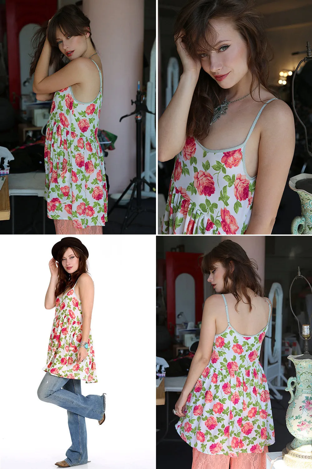 Rose Floral Print Rayon Baby Doll Mini Dress S/M/L/XL