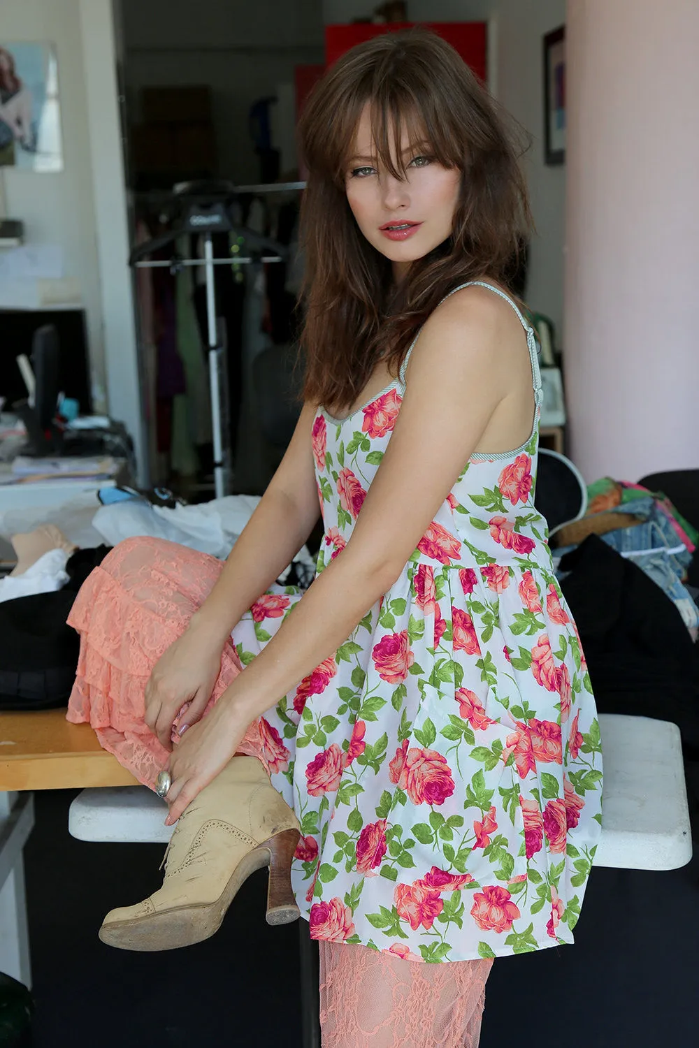 Rose Floral Print Rayon Baby Doll Mini Dress S/M/L/XL