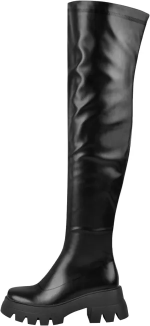 VERISSON Round Toe Low Block Heeled Thigh Boots Zip up Chunky Heels Tread Sole Fashion Booties