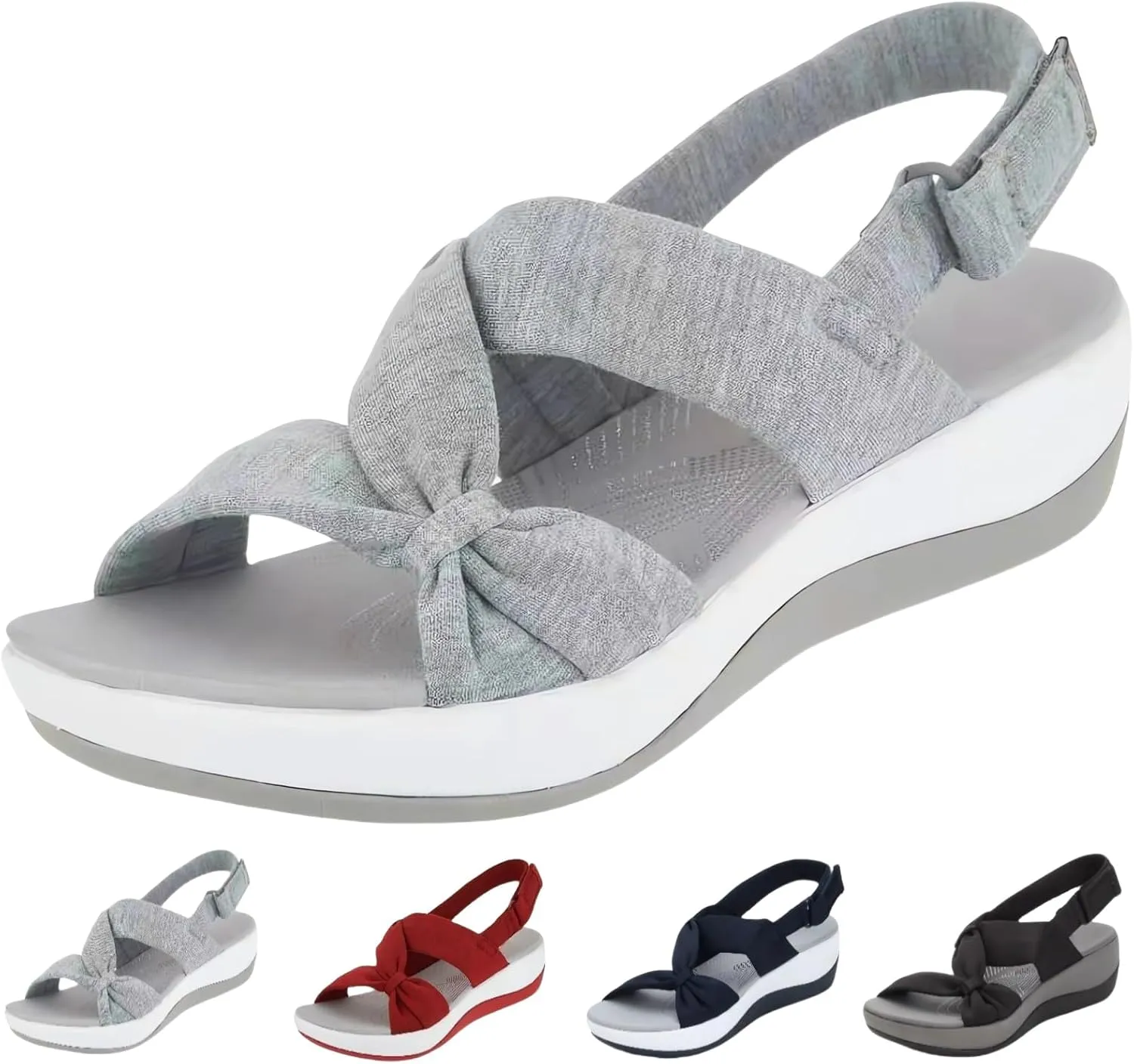 Womens Strappy Low Platform Sandals Orthopedic Comfortable Wide Width Arch Support Open Toe Breathable Summer Bow Adjustable Sandal Beach Walking Shoes
